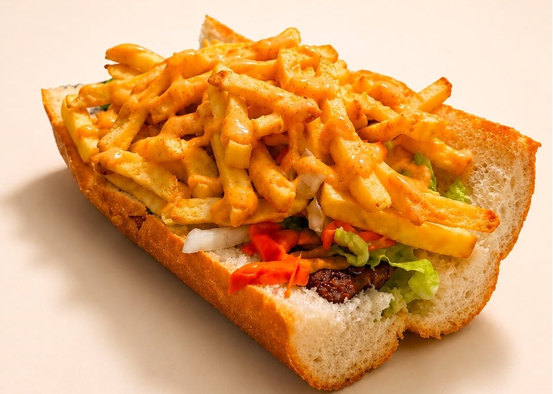 Mitraillette Joe La Frite : demi-baguette garnie de viande, crudités et frites